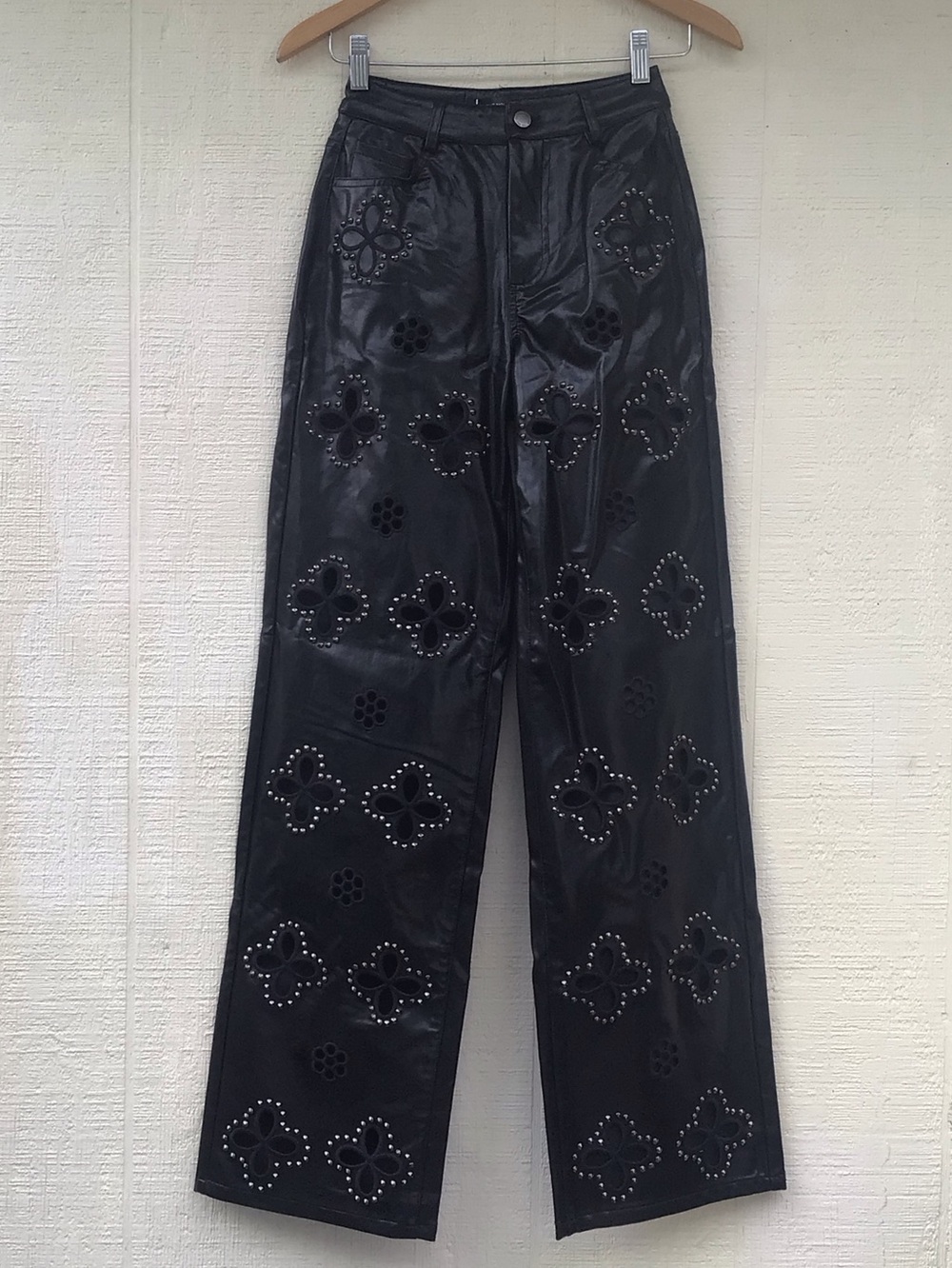 The Noli Shop Kaia leather black cut out floral studs pants